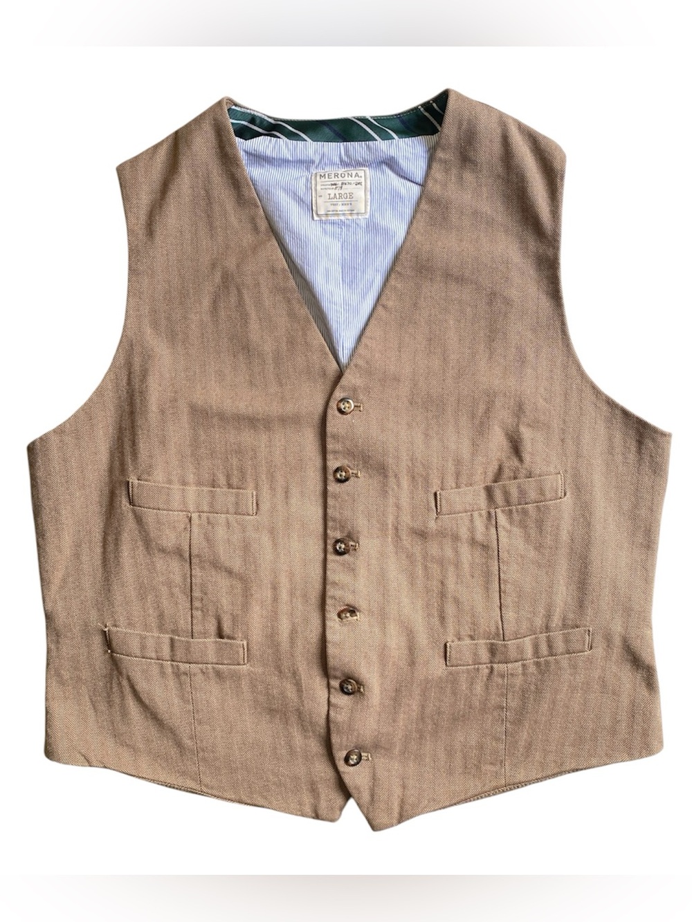 Vintage Merona Mens Brown Herringbone Cotton Vest Button Up Waistcoat Size L